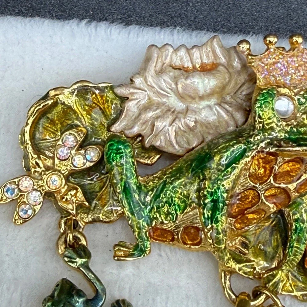 Vintage Kirks Folly Frog Prince Brooch Gold Tone Enamel Rhinestone Signed